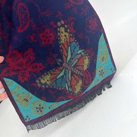 100%‎ Cashmere Scarf Navy Blue with Butterfly Turquoise and Red Paisley - Picture 1 of 5